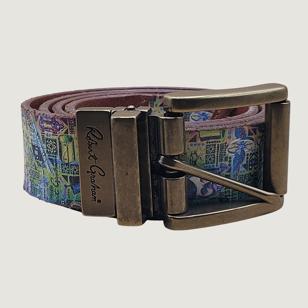 Robert Graham Mens 36 Leather Belt Graphic Skull Print Brass Buckle Brown Multi
